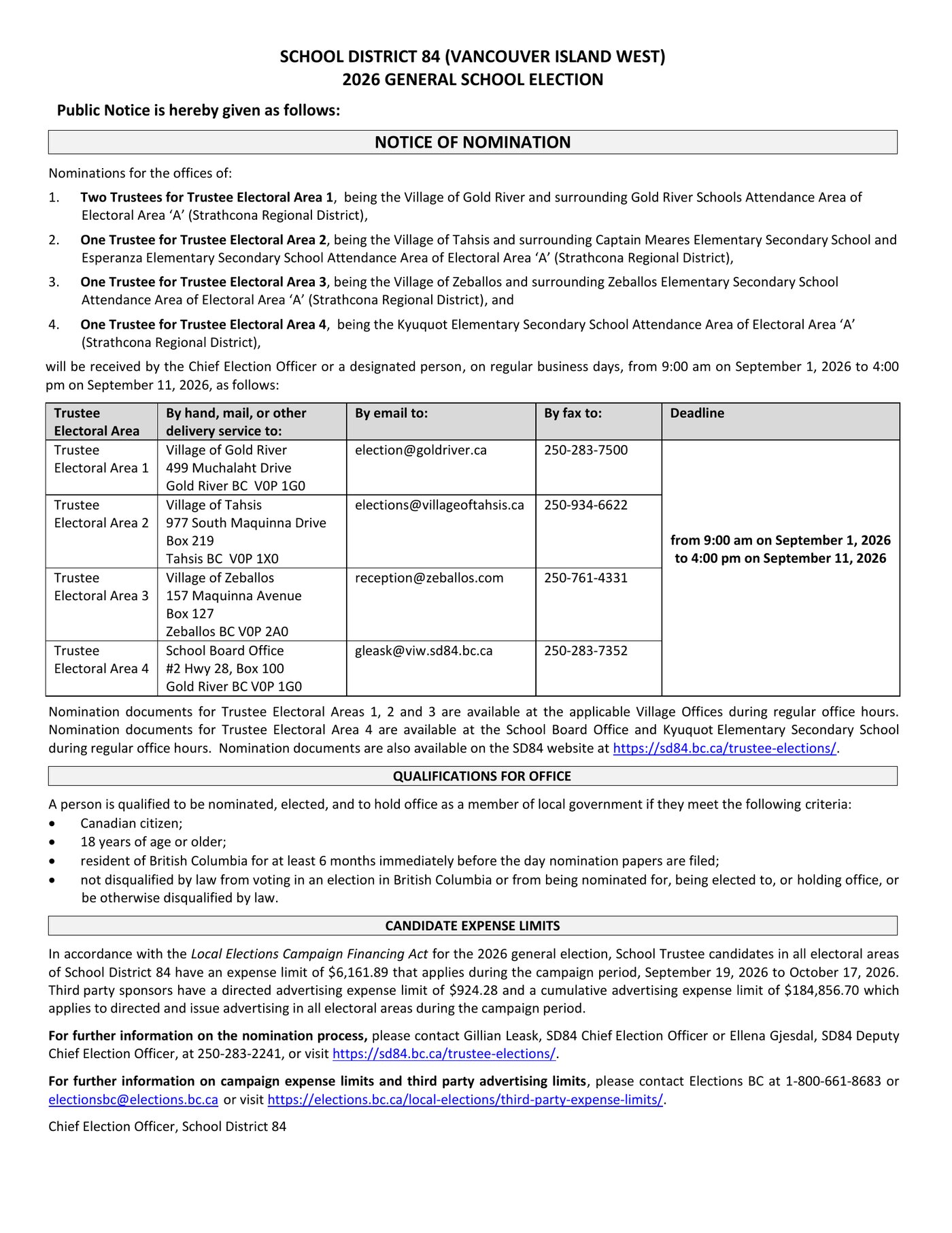 Notice of Nomination — 2026 School Trustee Elections, School District 84